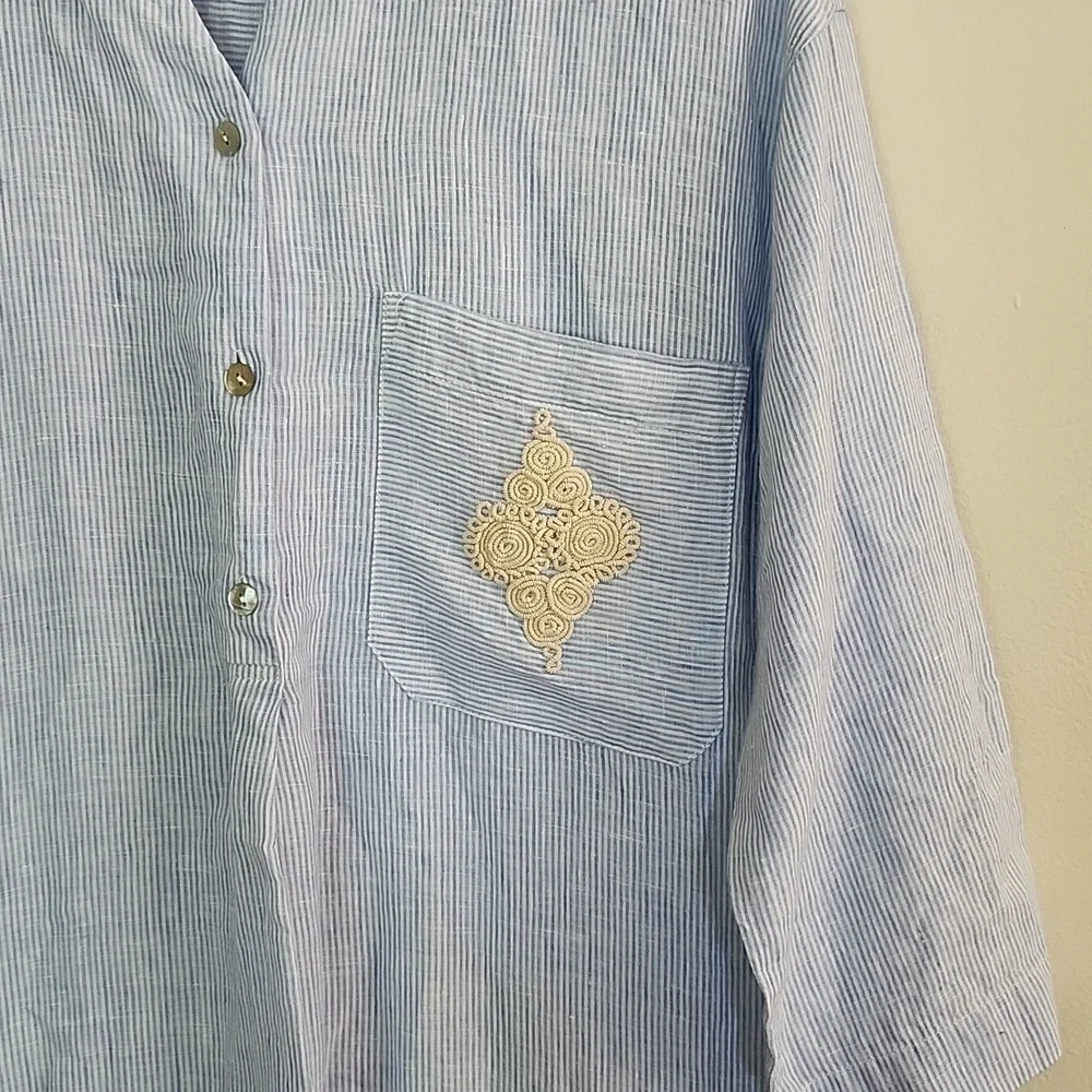 Soft Surroundings Linen Maxi Dress Blue White Striped Embroidered Side Slits S - Picture 4 of 11